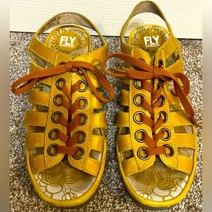 Fly London Leather Sandal Wedge Yito Yellow Chunky Slingback Size 9